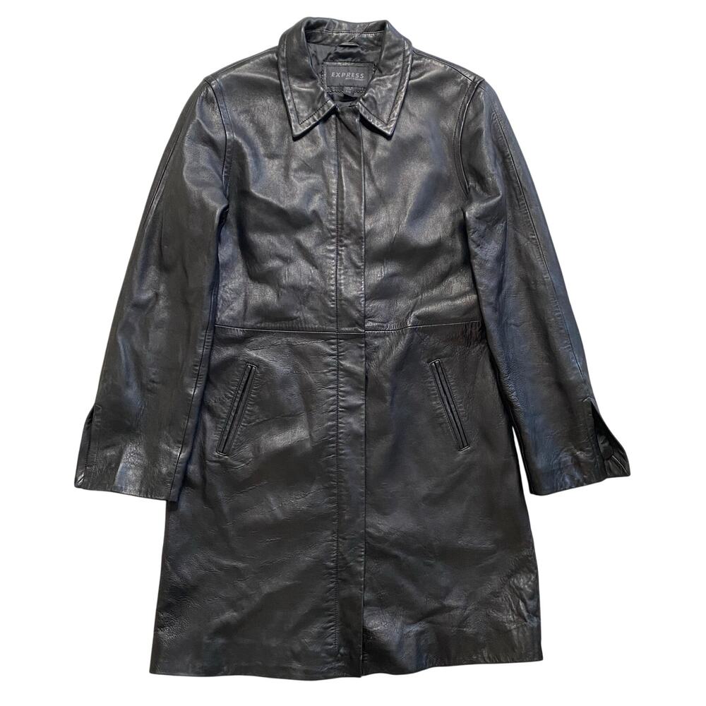 Vintage Express Women's Black Zip Up Notch Collar Leather Long Trench Coat 9/10